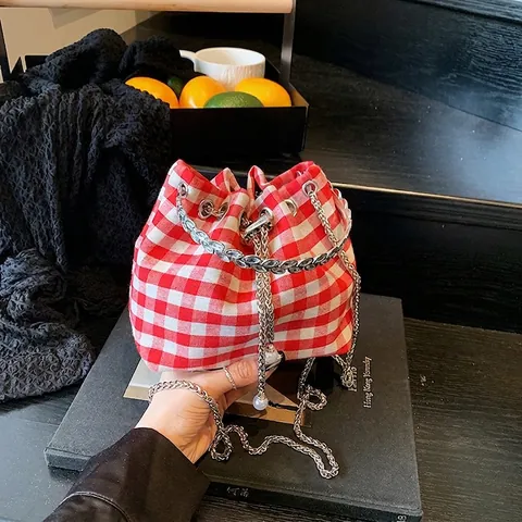Women Vintage Gingham Bucket Bag Fabric PU Drawstring Artificial Pearl Decor Chain Shoulder Crossbody Handbag For Daily Fashion