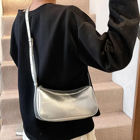 Women Minimalist PU Leather Underarm Bag Half Moon Shape Adjustable Strap Solid Color Single Shoulder Handbag For Daily