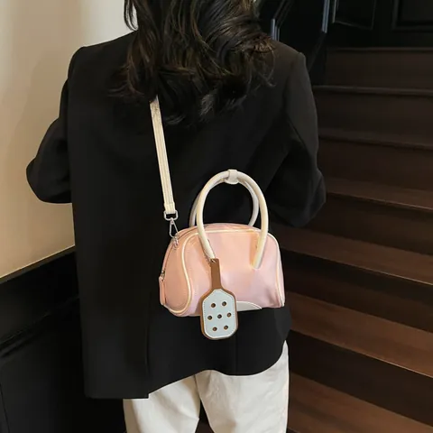 Women Fashion PU Leather Boston Bowling Bag With Contrast Piping And Paddle Pendant Minimalist Handheld Crossbody Shoulder Bag