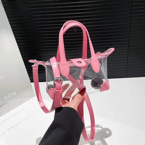 Women Fashion Transparent PVC Mini Handbag Waterproof Jelly Crossbody Bag With PU Leather Trim Small Summer Beach Shoulder Bag Travel Purse
