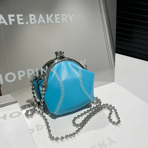Creative Baseball Shaped Mini Crossbody Bag For Women PU Leather Shell Bag Kiss Lock And Metal Bead Chain Shoulder Bag