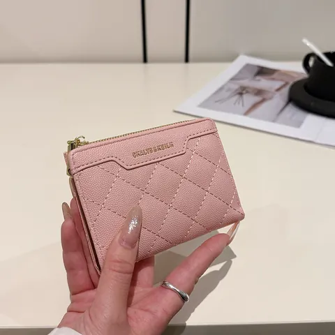 Women Quilted Short Wallet PU Leather Bi Fold Zip Card Holder Coin Purse Fashion Elegant Functional Minimalist Small Purse