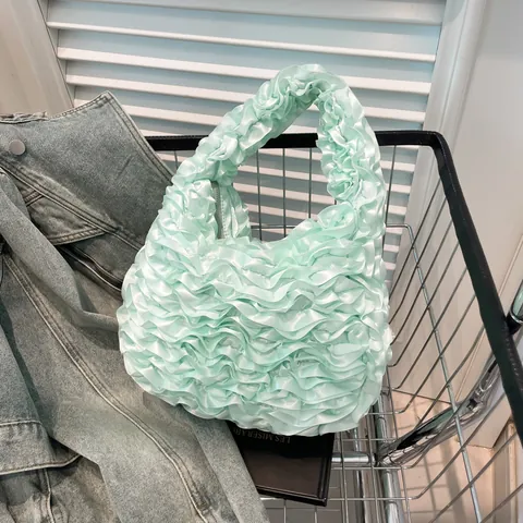 Sweet Pleated Ruffle Handbag For Women Elegant Satin Cloud Tote Bag Fashionable Ruched Evening Purse Underarm Bag