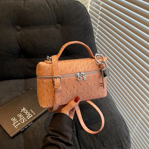 Ostrich Pattern PU Leather Handbag Women Small Box Crossbody Bag Metal Lock Key Pendant Fashion Solid Color Shoulder Bag