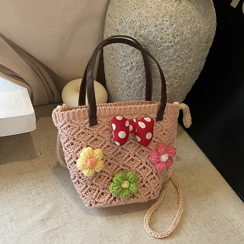 Damen Frisch Blumen Handgewebte Tasche Süße Gehäkelte Kleine Tragetasche Strand Urlaub Umhängetasche Strohtasche Für Mädchen