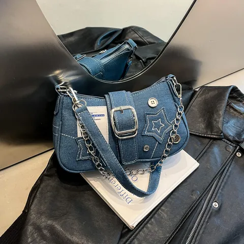 Borsa Sottobraccio in Denim Vintage Con Motivo a Stella per Donna Y2K Streetwear Moda Borsa a Tracolla Con Catena E Grande Fibbia