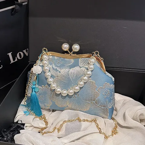 Vintage Bloem Borduuroverzicht Avondtas Met Kunstparelhandvat Metalen Ketting Schoudertas Voor Vrouwen Bruiloft Feest Luxe Tas