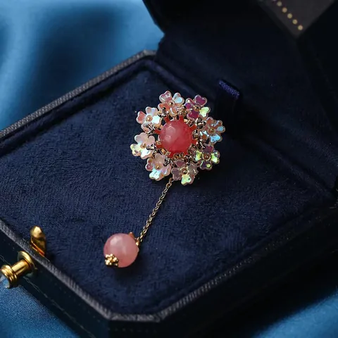 Elegant Flower Zircon Tassel Brooch Copper Gold Plated Pink Petal Pin Jewelry For Women Dress Anti-Exposure Decoration Gift