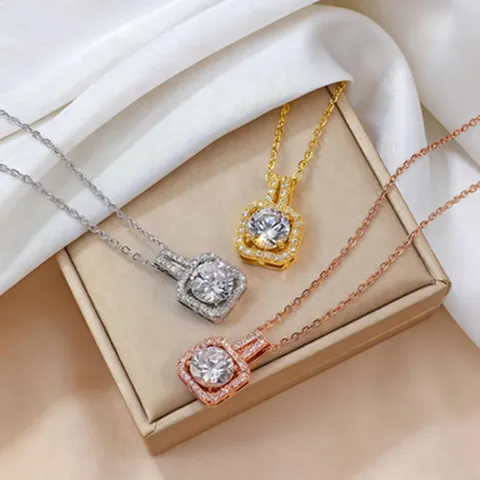 Elegant Stainless Steel Square Zirconia Jewelry Set Necklace And Earrings For Women Luxury Halo Pendant Necklace Party Jewelry Accessories