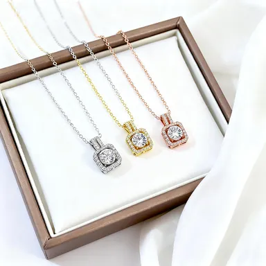 Elegant Stainless Steel Square Zirconia Jewelry Set Necklace And Earrings For Women Luxury Halo Pendant Necklace Party Jewelry Accessories