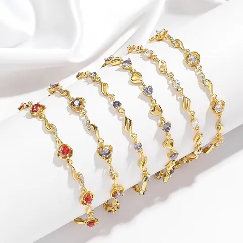 Elegant Zircon Flower Heart Bracelet For Women Gold Plated Metal Wave Link Jewelry Korean Style Dating Party Gift