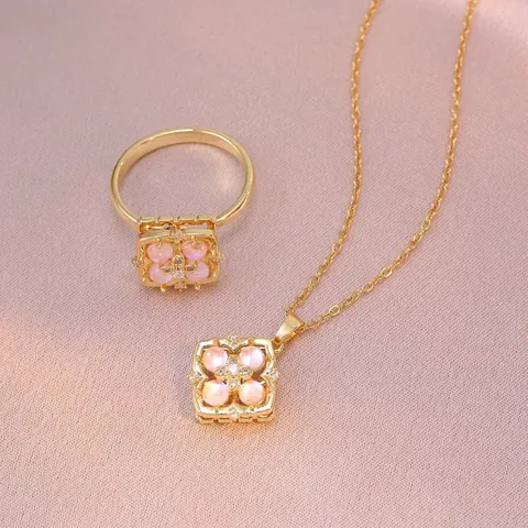 Stainless Steel Zirconia Rotating Flower Jewelry Set Vintage Hollow Floral Pendant Necklace Open Ring For Women Jewelry