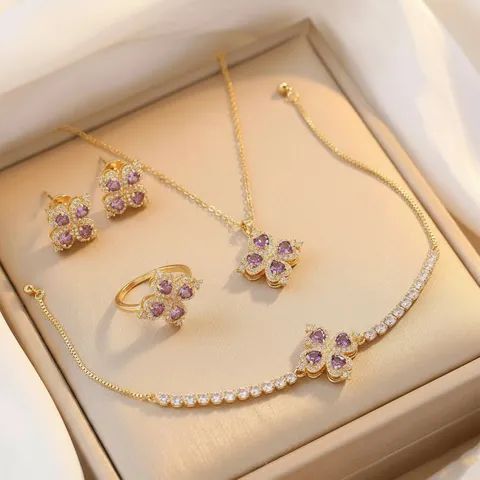 Elegant Gold Plated Titanium Steel Alloy Zirconia Heart Clover Necklace Bracelet Earring Rotating Ring Purple Jewelry