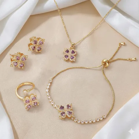 Elegant Gold Plated Titanium Steel Alloy Zirconia Heart Clover Necklace Bracelet Earring Rotating Ring Purple Jewelry