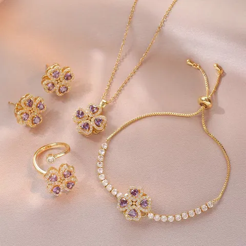 Luxury Gold Plated Titanium Steel Rotating Purple Zirconia Heart Four Leaf Clover Necklace Adjustable Ring Earrings Bracelet Jewelry Set