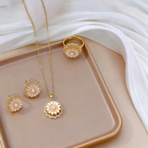 Women Rotating Flower Jewelry Set Stainless Steel Pink Enamel Daisy Pendant Necklace Zirconia Earrings Ring Bracelet Fashion Jewelry