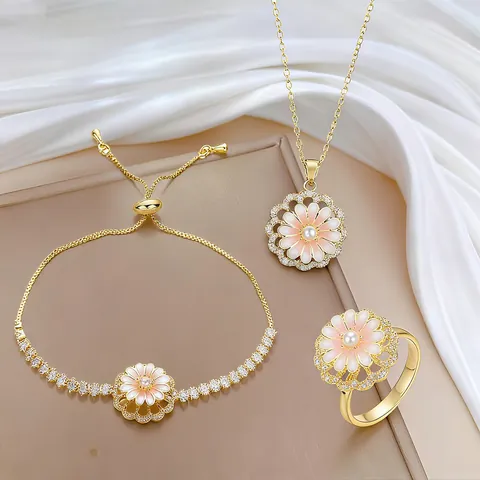 Women Rotating Flower Jewelry Set Stainless Steel Pink Enamel Daisy Pendant Necklace Zirconia Earrings Ring Bracelet Fashion Jewelry