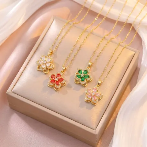 Titanium Steel Rotating Bauhinia Flower Pendant Necklace Luxury Zirconia Inlaid Gold Plated Temperament Jewelry For Women Gift