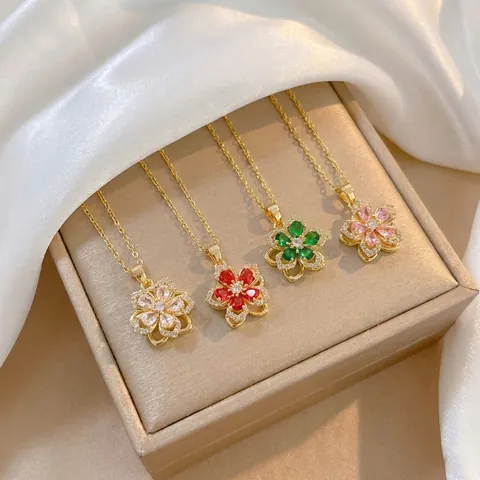 Titanium Steel Zircon Bauhinia Flower Pendant Necklace 360 Degree Rotating Floral Necklace Jewelry Gift For Women Girls