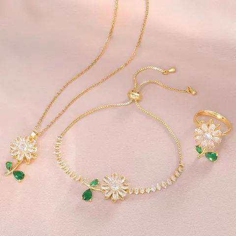 Rotating Sunflower Stainless Steel Cubic Zirconia Emerald Green Pendant Necklace Ring Bracelet Rotatable Flower Jewelry