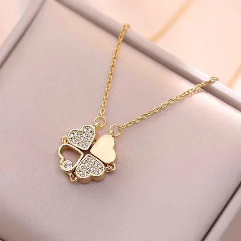 Magnetic Folding Clover Heart Pendant Necklace Titanium Stainless Steel Zircon Dual Wear Jewelry For Women
