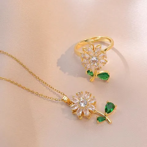 Rotating Sunflower Stainless Steel Cubic Zirconia Emerald Green Pendant Necklace Ring Bracelet Rotatable Flower Jewelry