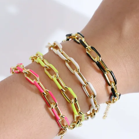 Bracelet Grosse Chaîne en Cuivre Émaillé Plaqué Or 18K pour Femme Liens Trombone Colorés Bijoux de Mode Réglables