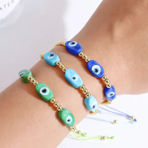 Handmade Evil Eye Bracelet 18K Gold Plated Copper Beaded Adjustable Woven Rope Lucky Protection Jewelry Gift For Women Men
