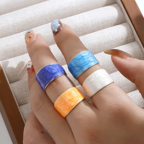 Anillo Abierto de Banda Ancha de Moda Ajustable Esmalte Colorido Textura de Mármol Chapado en Oro 18K Cobre Anillo Para Mujer Joyería de Moda