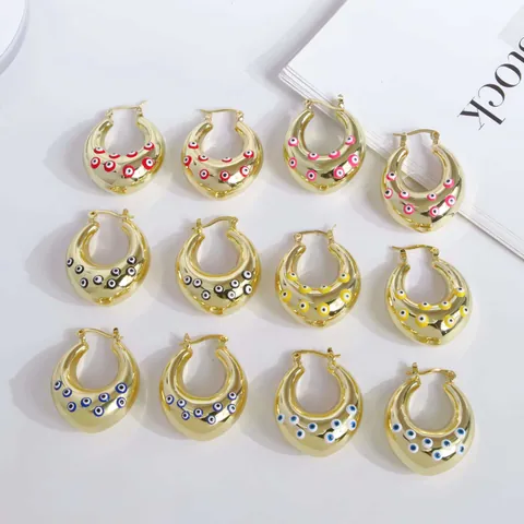 18K Gold Plated Copper Evil Eye Chunky Hoop Earrings For Women Multicolored Enamel Drip Oil Geometric Huggie Earrings Jewelry Gift