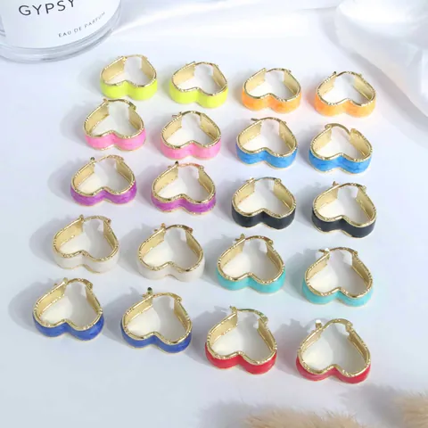 Pendientes de Aro de Corazón de Cobre Chapado en Oro de 18K Con Poste de Plata de Ley 925 Joyería de Esmalte Colorido para Mujer
