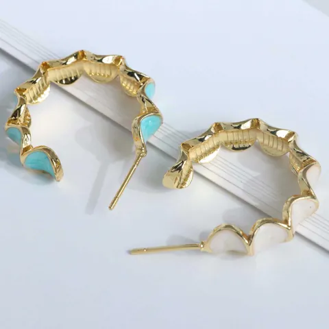 Pendientes de Aro de Cobre Chapados en Oro 18K Borde Festoneado Esmalte Colorido Patrón de Ondas Joyería Mujer