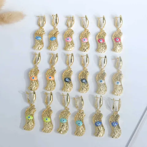 Pendientes Colgantes de Cobre Chapados en Oro de 18K con Ojo Turco para Mujer Joyería Étnica Vintage de Metal Esmaltado en Forma de Cacahuete
