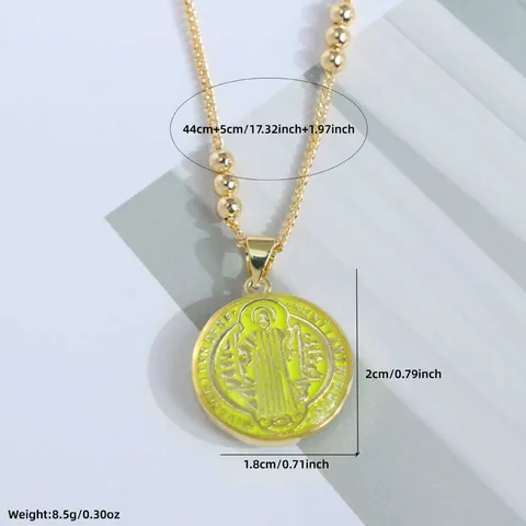 Vintage Religious St Benedict Medal Pendant Necklace 18K Gold Plated Copper Colorful Enamel Round Coin Necklace For Women