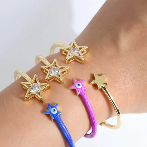 Brazalete Abierto Estrella Ojo Turco para Mujer Bañado en Oro de 18K Cobre Zirconia Esmalte Colorido Joyería de Moda