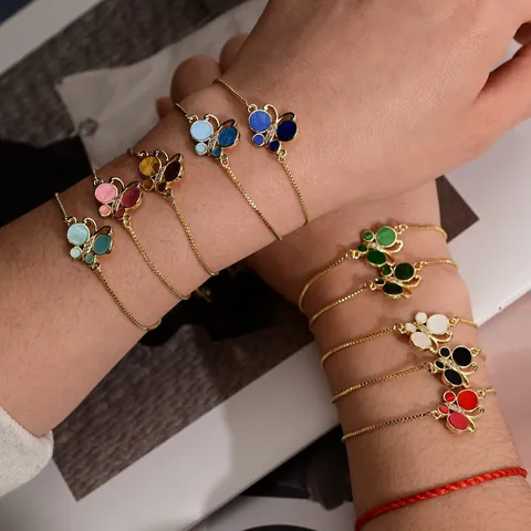Pulsera de Mariposa de Cobre Chapado en Oro de 18K Con Esmalte y Zirconia Para Mujer Cadena de Caja Ajustable Joyería Regalo