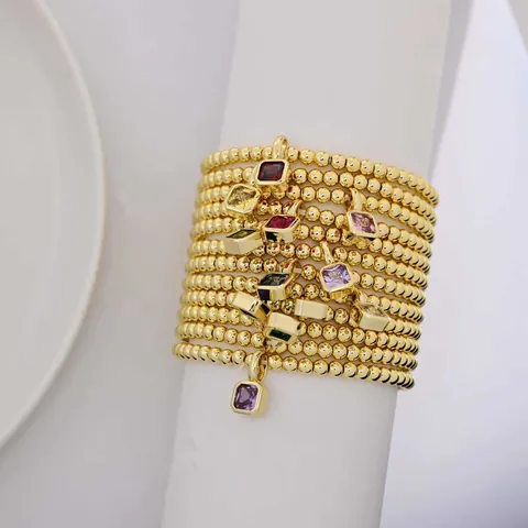 18K Gold Plated Copper Beaded Bracelet With Square Zirconia Birthstone Pendant Elegant Geometric Fashion Jewelry Gift For Women