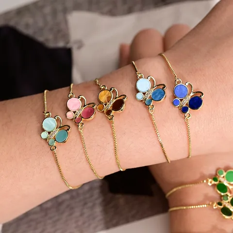 Pulsera de Mariposa de Cobre Chapado en Oro de 18K Con Esmalte y Zirconia Para Mujer Cadena de Caja Ajustable Joyería Regalo