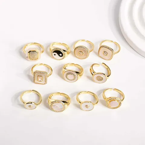 Anillo de Cobre Chapado en Oro de 18K para Mujer Concha Natural Zirconia Corazón Taiji Geométrico Abertura Ajustable Joyería de Moda Regalo