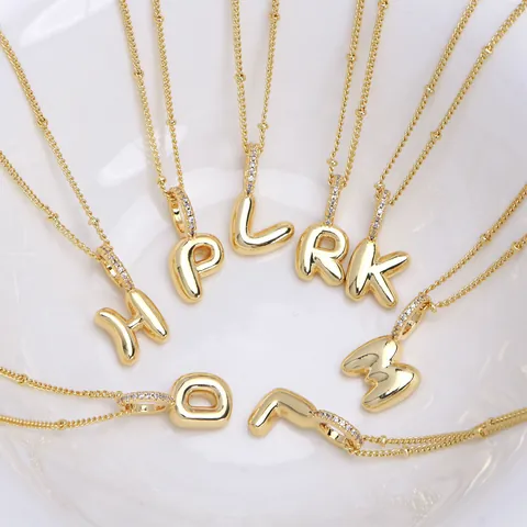 Collar de Letra de Burbuja 3D de Cobre Chapado en Oro de 18K Colgante de Inicial de Globo Inflado Con Zirconia Para Mujeres Hombres Joyería