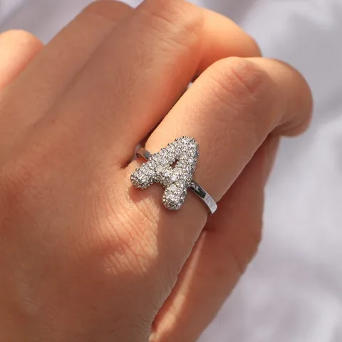 Fashion Copper Zirconia Balloon Bubble Alphabet Open Ring For Women Adjustable Pave Set Crystal Initial Finger Ring Jewelry Gift