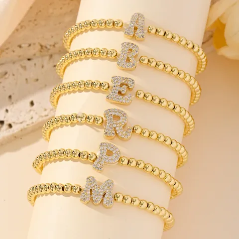 Gold Plated Copper Bubble Initial Letter Bead Bracelet With Zirconia For Women Men Fashion Jewelry Beaded Bracelet Gift