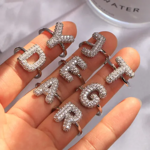 Fashion Copper Zirconia Balloon Bubble Alphabet Open Ring For Women Adjustable Pave Set Crystal Initial Finger Ring Jewelry Gift