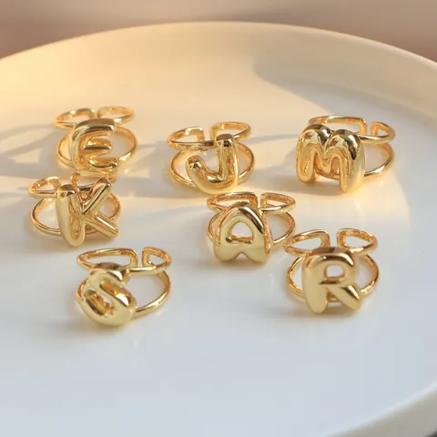 Anillo Abierto de Cobre Chapado en Oro de 18K con Inicial de Globo Ajustable de Doble Capa Anillo con Letra del Alfabeto Joyería Personalizada Regalo para Mujer