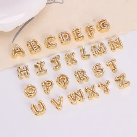 DIY 26 Alphabet Initial Letters Charms 18K Gold Plated Copper Artificial Zircon Slider Beads For Bracelet Jewelry Making