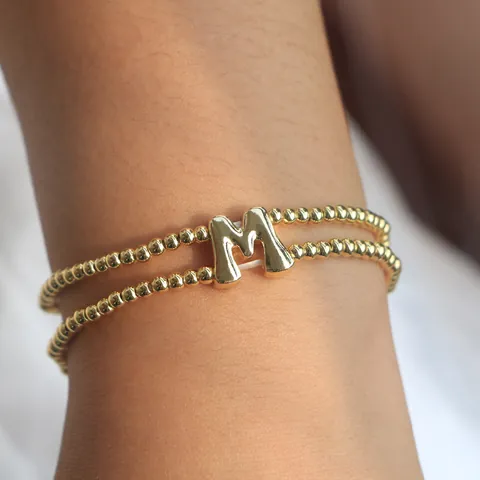 Copper 18K Gold Plated Bubble Letter Beaded Elastic Stretch Cord Bracelet Fashion Jewelry Gift For Women