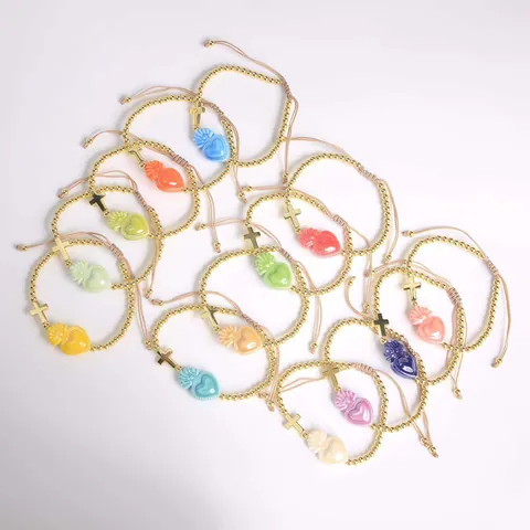 Pulsera de Cuentas de Cobre Bañada en Oro de 18K Colgante de Cruz del Sagrado Corazón Pulsera de Cordón Ajustable Joyería Religiosa para Mujeres Hombres