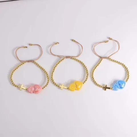 Pulsera de Cuentas de Cobre Bañada en Oro de 18K Colgante de Cruz del Sagrado Corazón Pulsera de Cordón Ajustable Joyería Religiosa para Mujeres Hombres