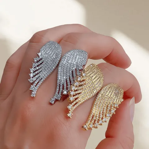 Luxury Copper Zirconia Angel Wing Open Ring Micro Pave Full Diamond Adjustable Feather Ring For Women Fashion Jewelry