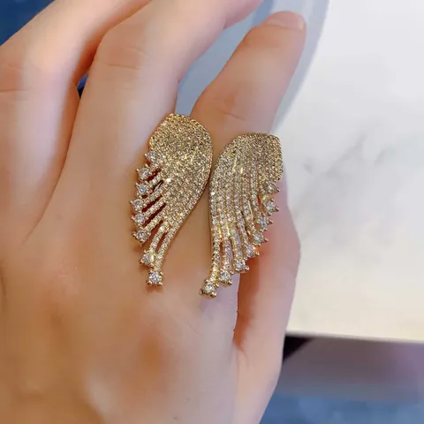 Luxury Copper Zirconia Angel Wing Open Ring Micro Pave Full Diamond Adjustable Feather Ring For Women Fashion Jewelry